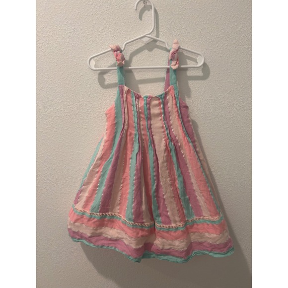 Flapdoodles Other - Flapdoodles Girls 4T Striped Sundress Pink Teal Silver Metallic Ruffle Straps